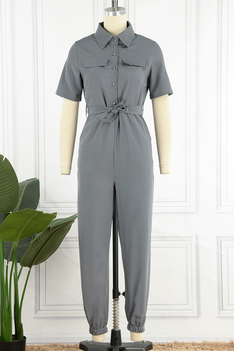 CM | Casual Diario Sólido Frenillo con Cinturón Cuello vuelto Regular Jumpsuits(10 Colours)