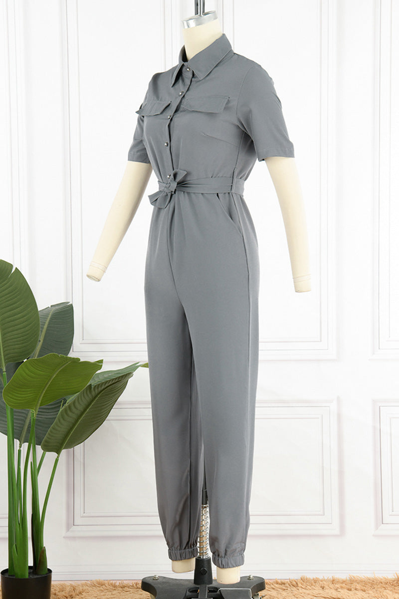 CM | Casual Diario Sólido Frenillo con Cinturón Cuello vuelto Regular Jumpsuits(10 Colours)