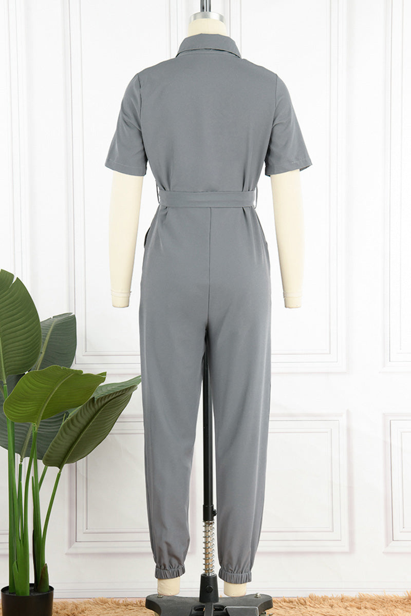 CM | Casual Diario Sólido Frenillo con Cinturón Cuello vuelto Regular Jumpsuits(10 Colours)