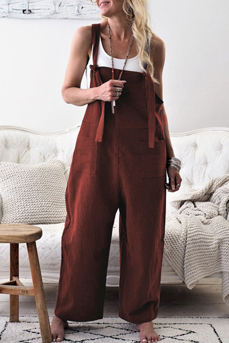 CM | Casual Solid hacer viejo patchwork cuello cuadrado monos sueltos (5 colores)