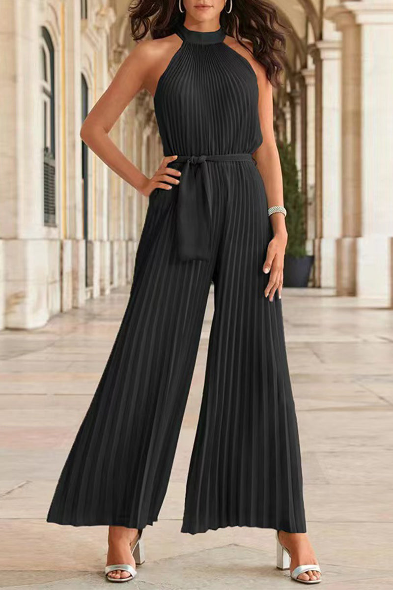 CM | Casual Simplicity Solid Frenulum Pleat Halter Loose Jumpsuits (6 Colores)