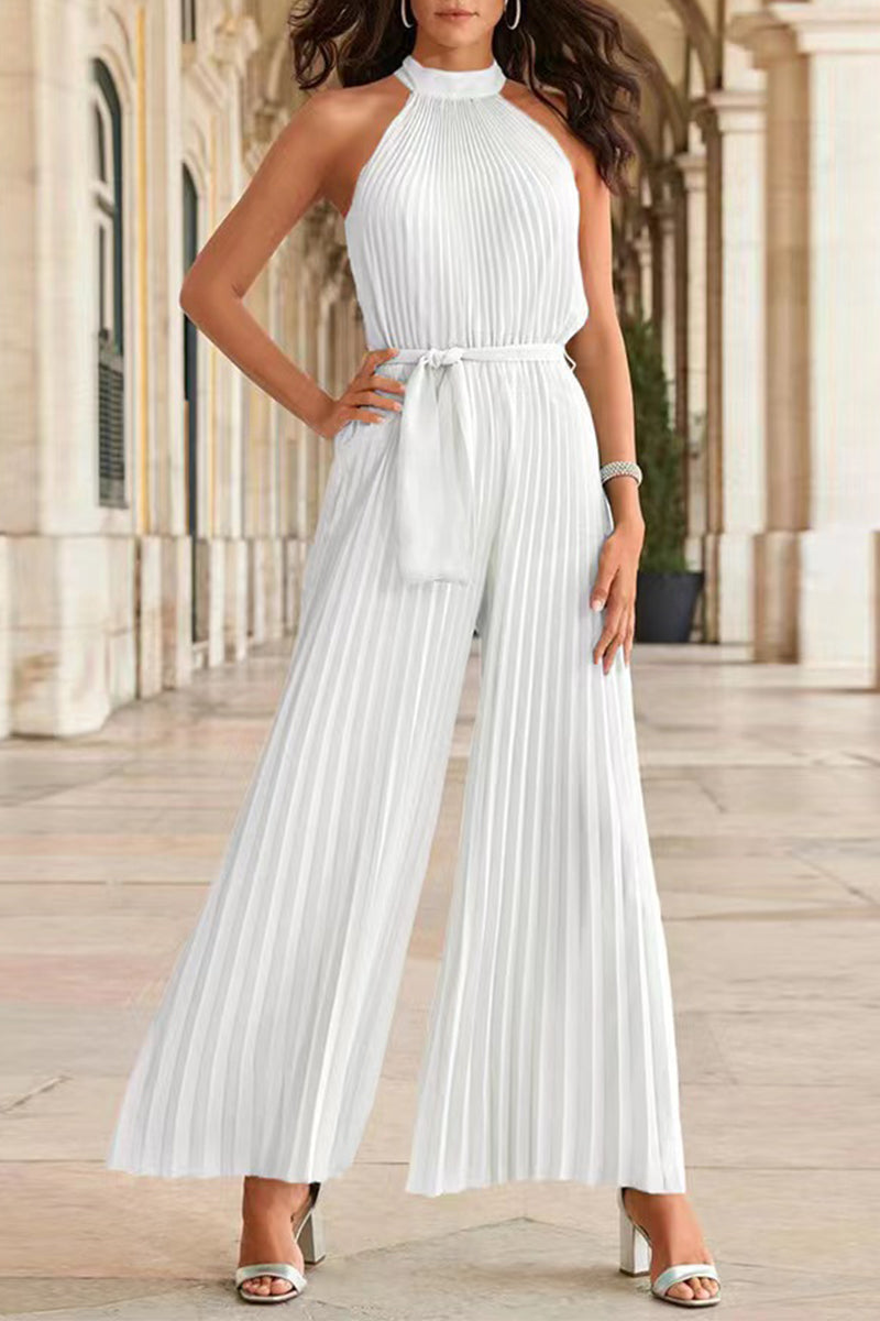 CM | Casual Simplicity Solid Frenulum Pleat Halter Loose Jumpsuits (6 Colores)