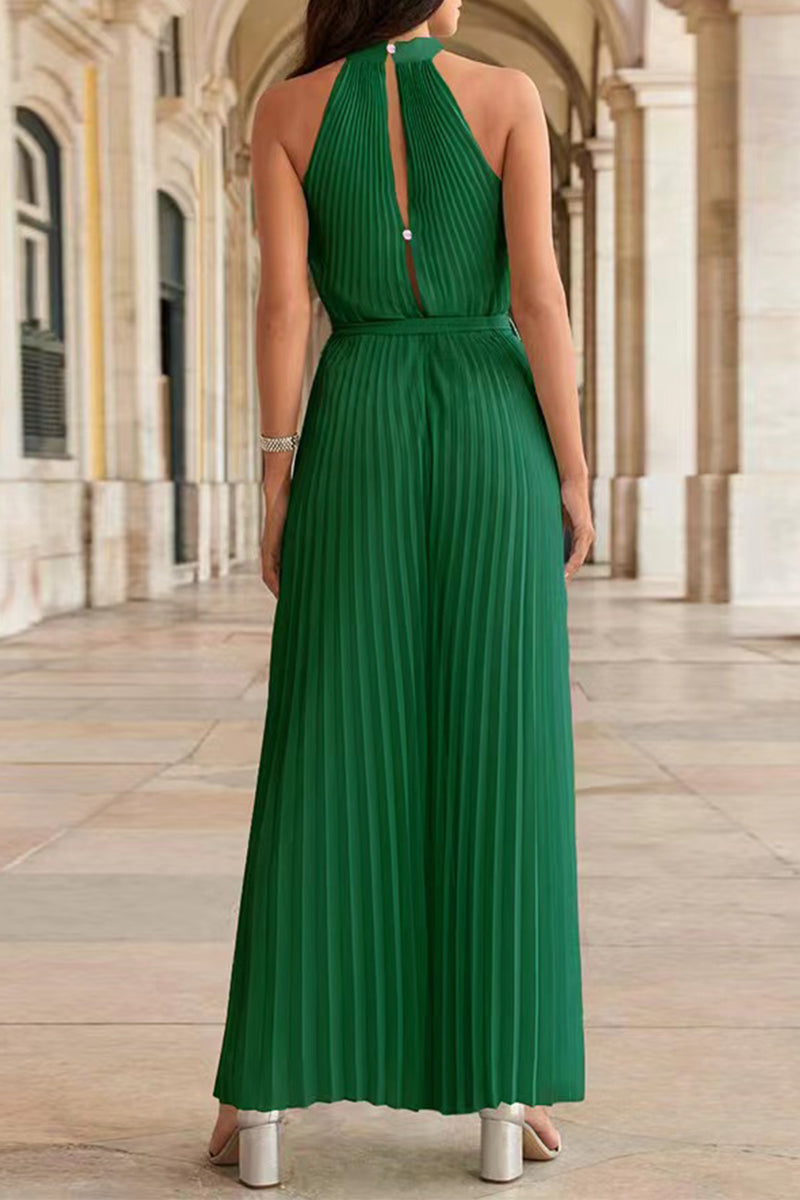 CM | Casual Simplicity Solid Frenulum Pleat Halter Loose Jumpsuits (6 Colores)