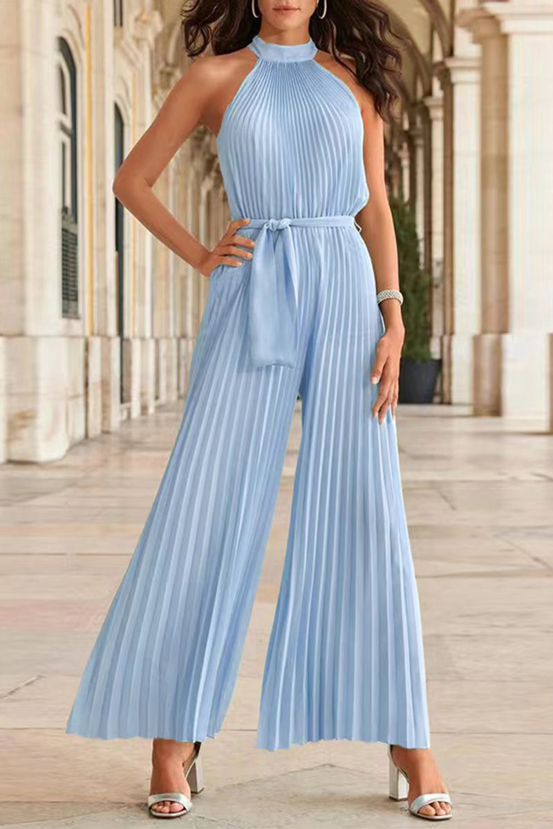 CM | Casual Simplicity Solid Frenulum Pleat Halter Loose Jumpsuits (6 Colores)