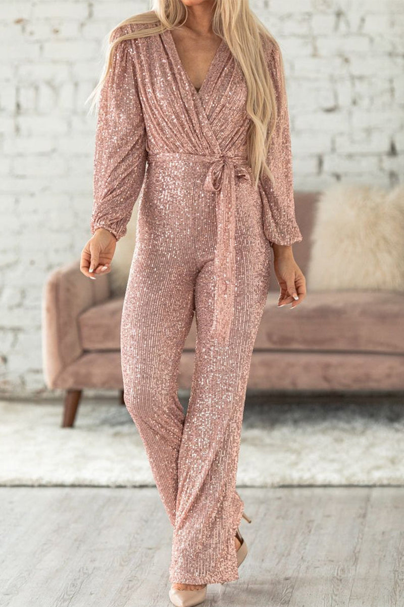 CM | Casual Elegante Sólido Lentejuelas V Cuello Regular Jumpsuits(3 Colours)