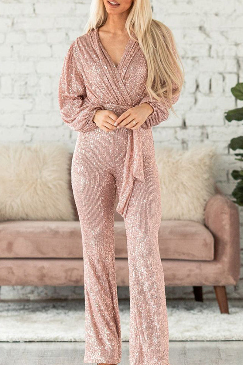CM | Casual Elegante Sólido Lentejuelas V Cuello Regular Jumpsuits(3 Colours)