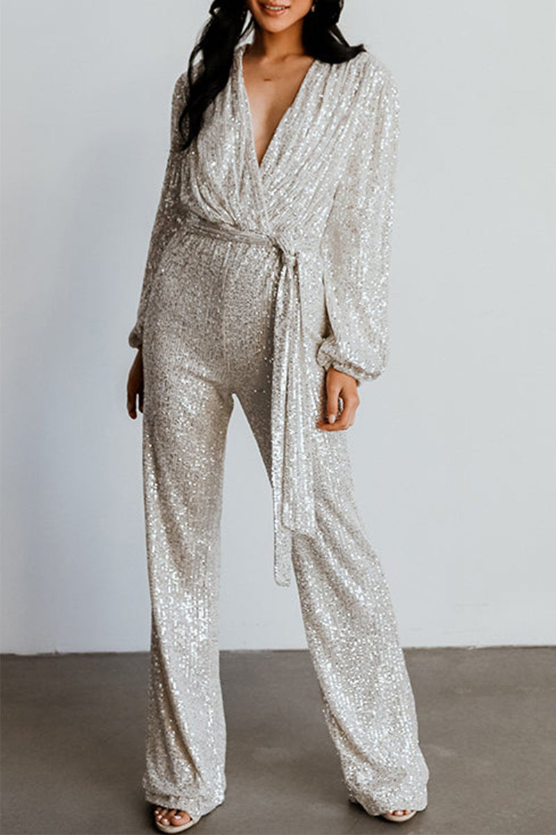 CM | Casual Elegante Sólido Lentejuelas V Cuello Regular Jumpsuits(3 Colours)