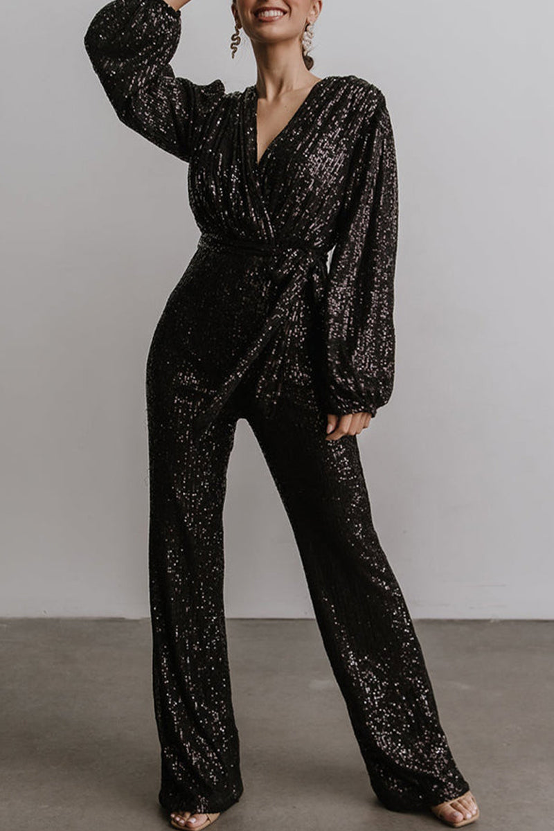 CM | Casual Elegante Sólido Lentejuelas V Cuello Regular Jumpsuits(3 Colours)