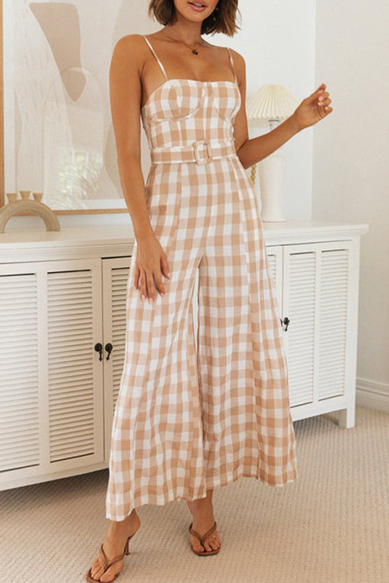 CM | Casual Plaid Patchwork Square Collar Loose Jumpsuits