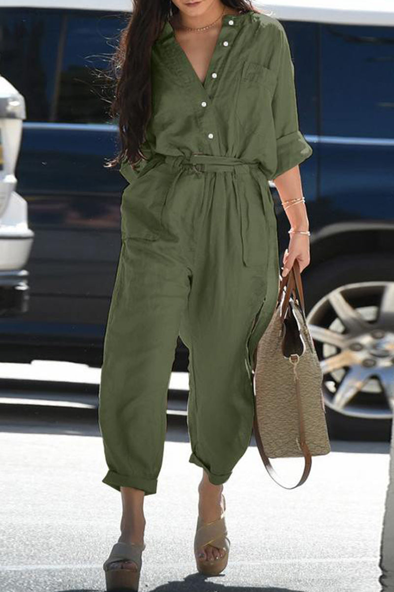 CM | Casual Daily Solid Frenulum Turn-down Collar Regular Jumpsuits(3 colors)
