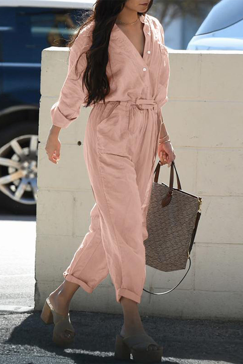 CM | Casual Daily Solid Frenulum Turn-down Collar Regular Jumpsuits(3 colors)