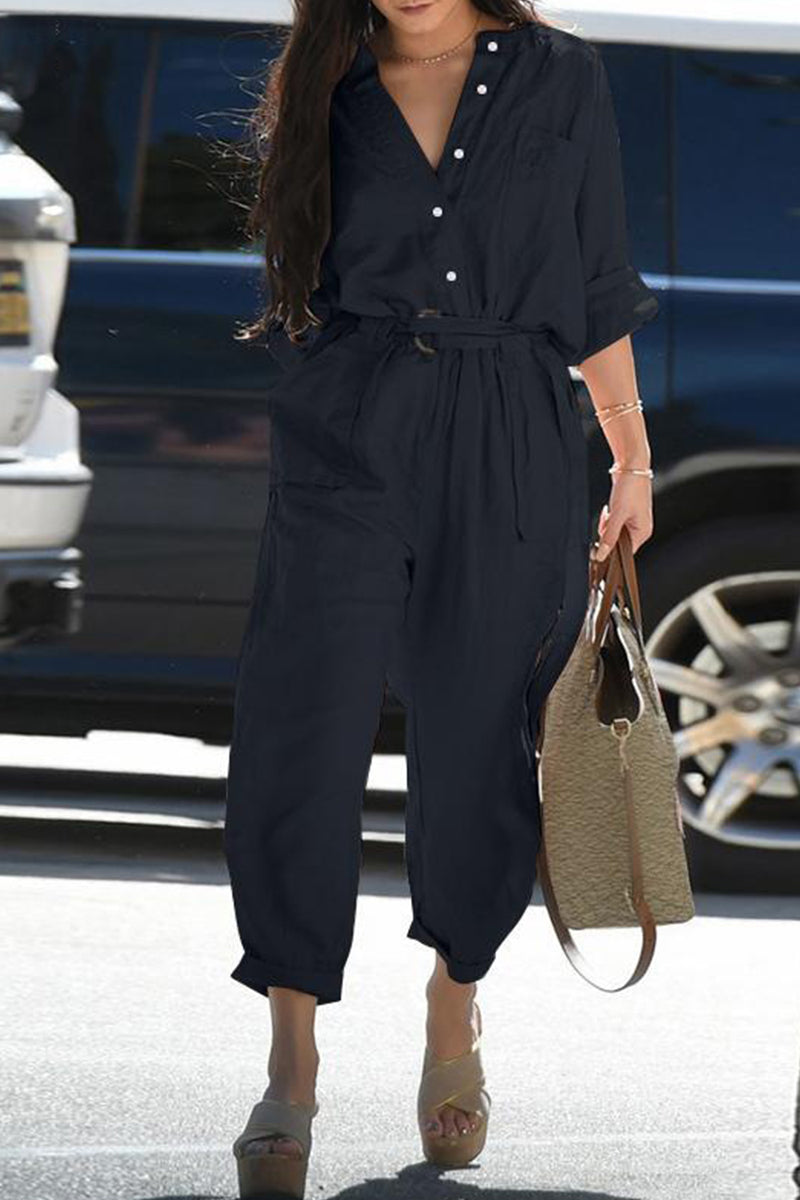 CM | Casual Daily Solid Frenulum Turn-down Collar Regular Jumpsuits(3 colors)