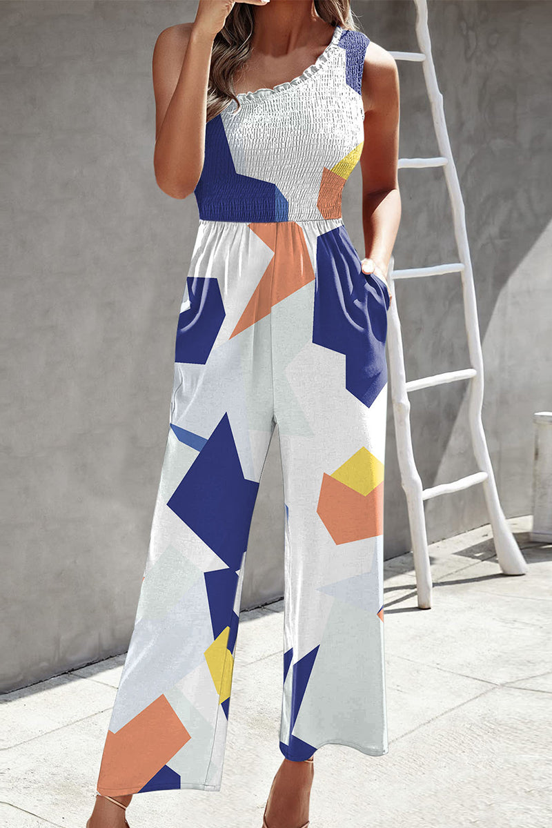 CM | Casual Print Patchwork Bag Bias Collar Loose Jumpsuits