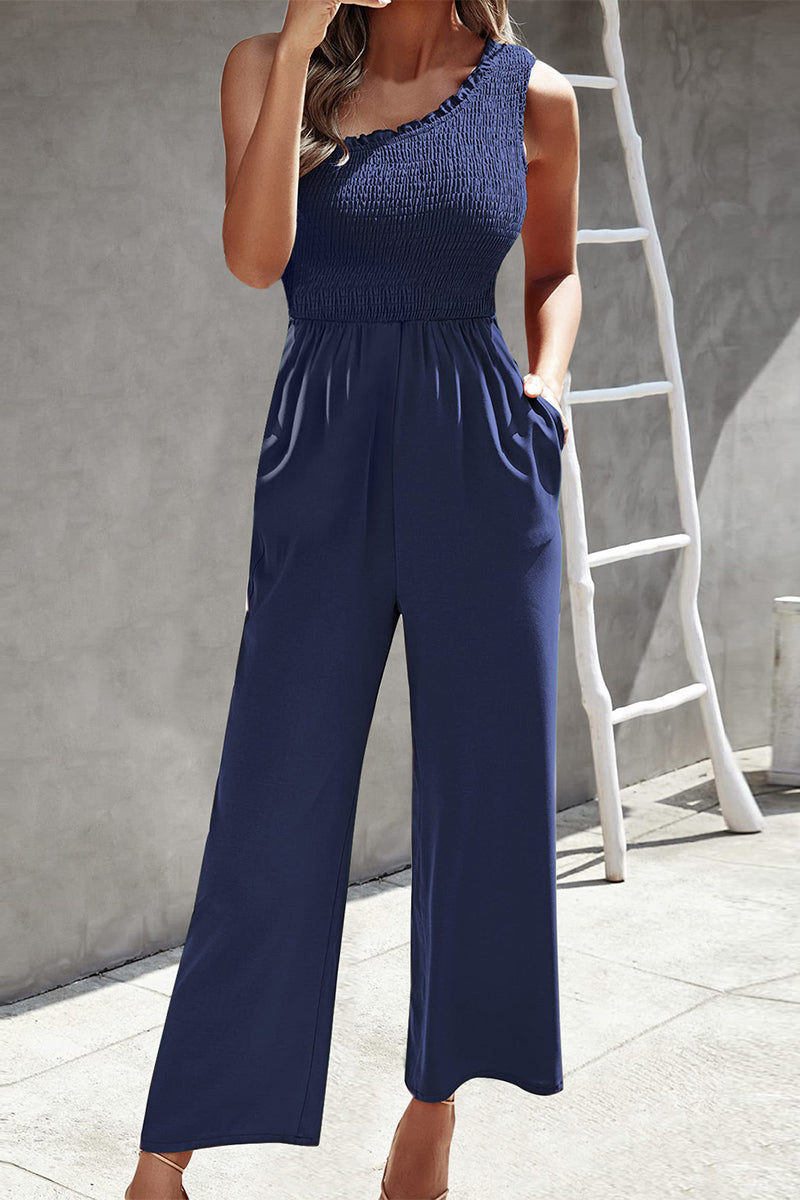 CM | Casual Print Patchwork Bag Bias Collar Loose Jumpsuits