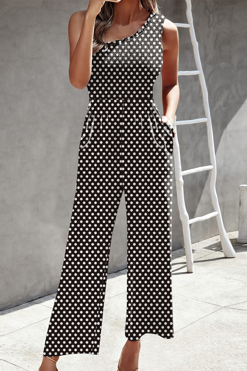 CM | Casual Print Patchwork Bag Bias Collar Loose Jumpsuits