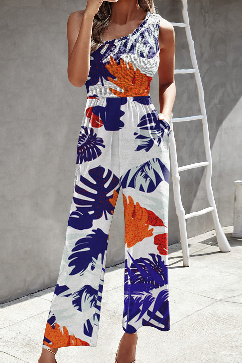 CM | Casual Print Patchwork Bag Bias Collar Loose Jumpsuits