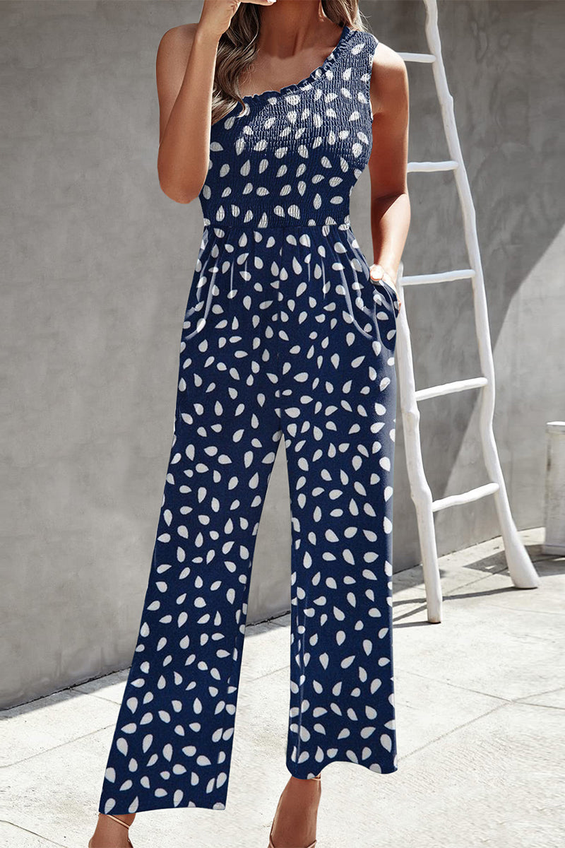 CM | Casual Print Patchwork Bag Bias Collar Loose Jumpsuits
