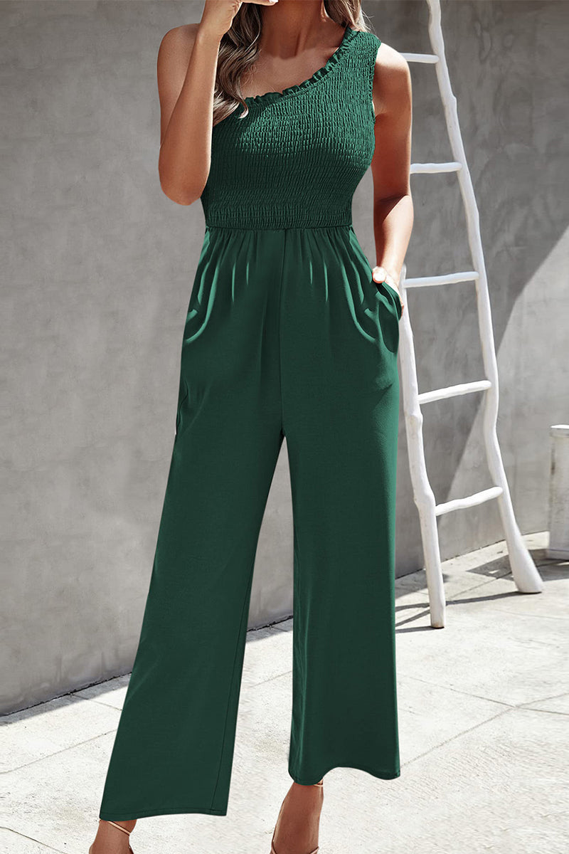 CM | Casual Print Patchwork Bag Bias Collar Loose Jumpsuits