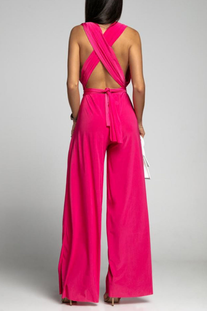 CM | Casual Elegante Solid Backless Cross Strap V Neck Jumpsuits(4 Colours)