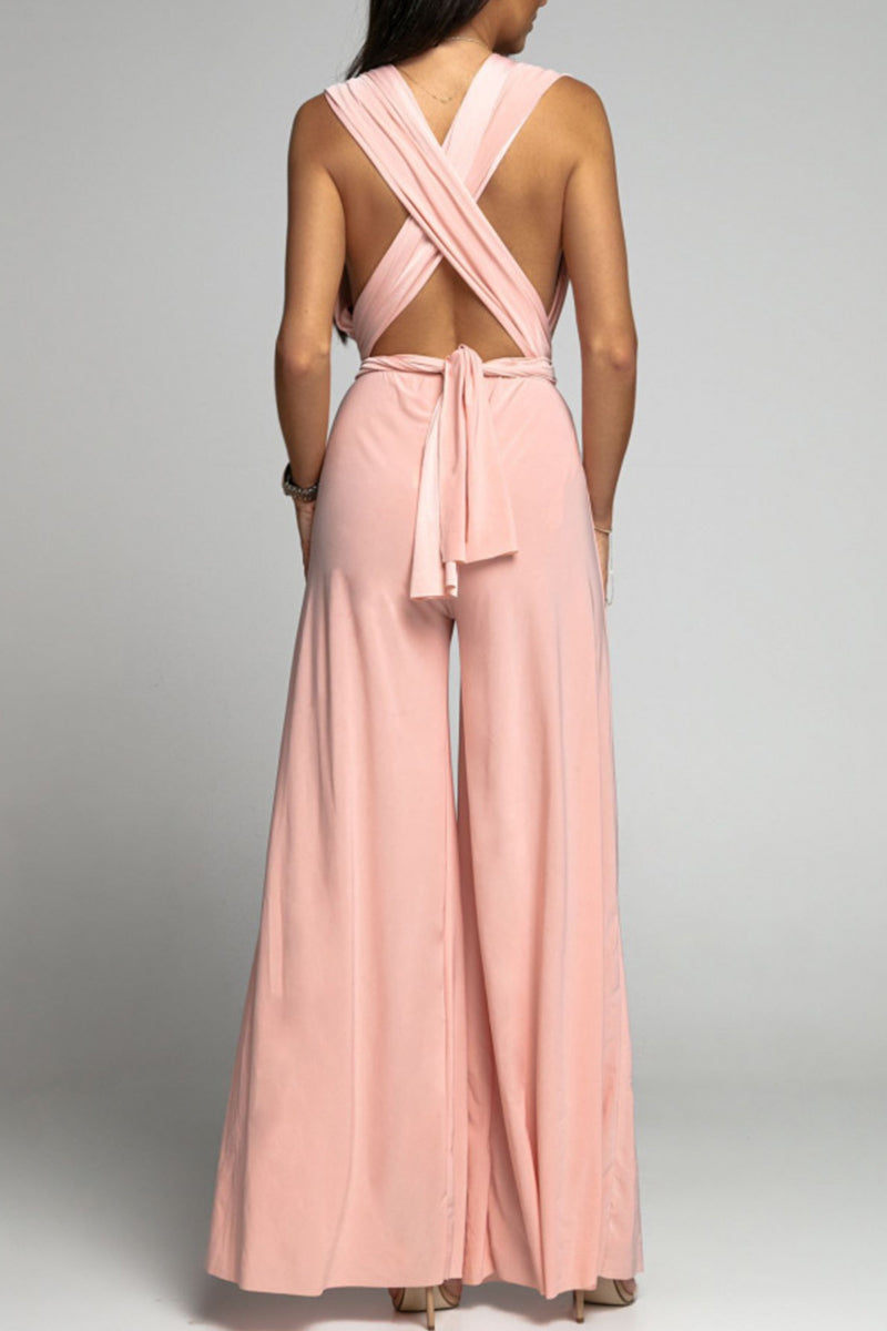 CM | Casual Elegante Solid Backless Cross Strap V Neck Jumpsuits(4 Colours)