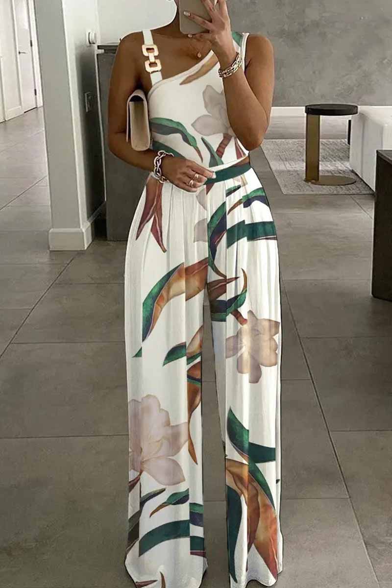 CM | Casual Print Patchwork Asymmetric Collar Jumpsuits