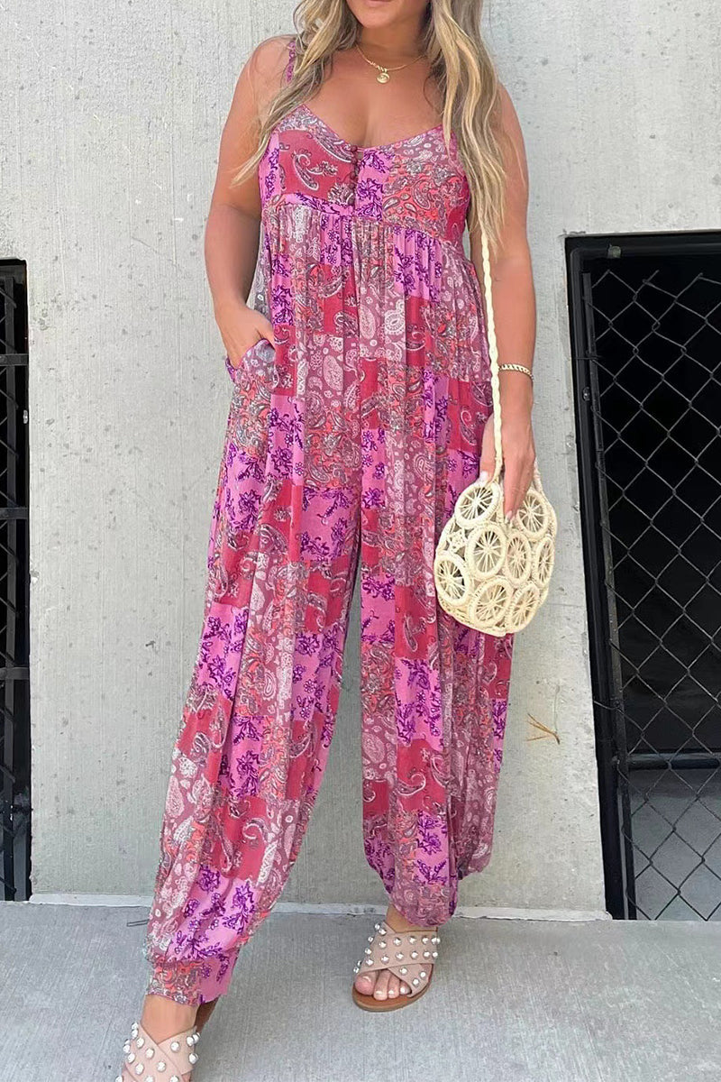 CM | Casual Floral Bolsillo Cuello en V Monos Sueltos