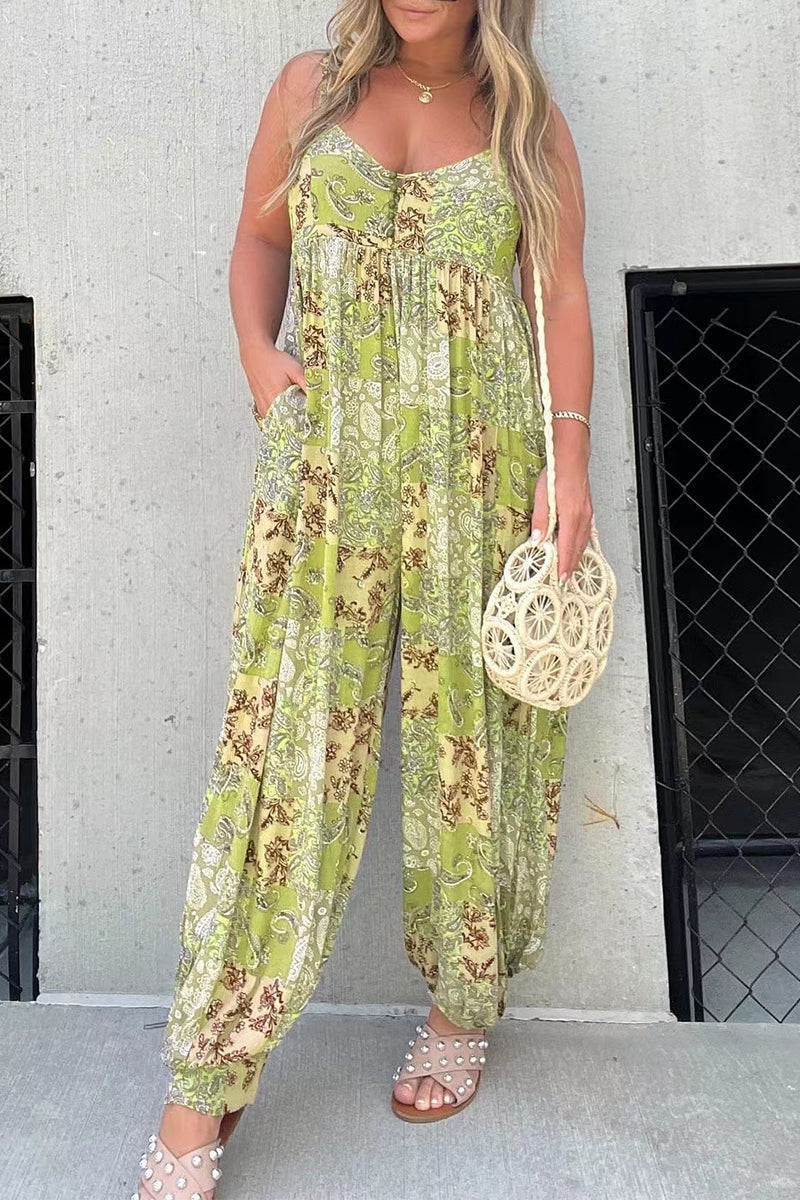 CM | Casual Floral Bolsillo Cuello en V Monos Sueltos