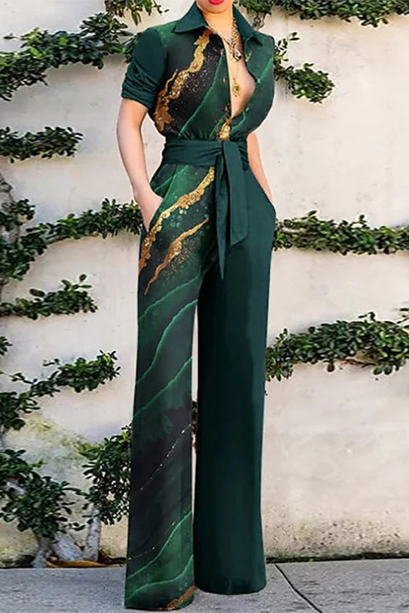 CM | Casual Print Bandage Turn Down Collar Loose Jumpsuits