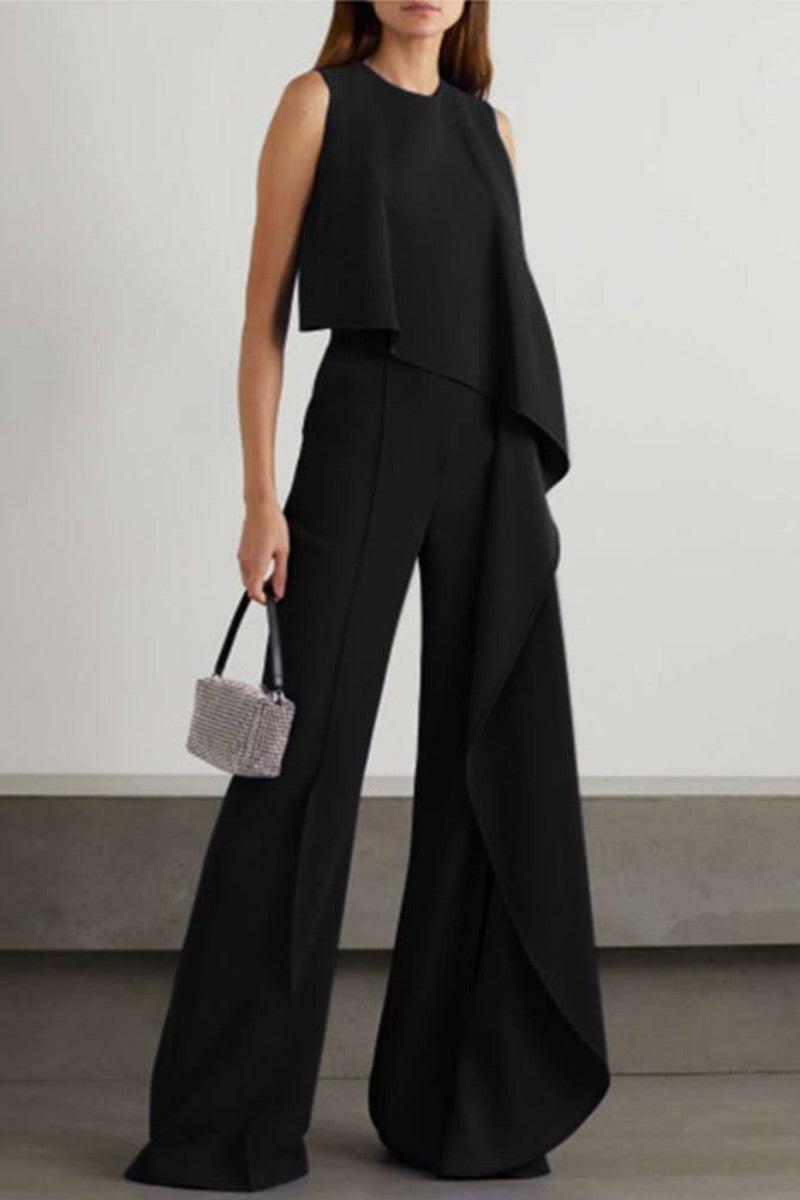 CM | Casual Solid Patchwork O Neck Regular Jumpsuits