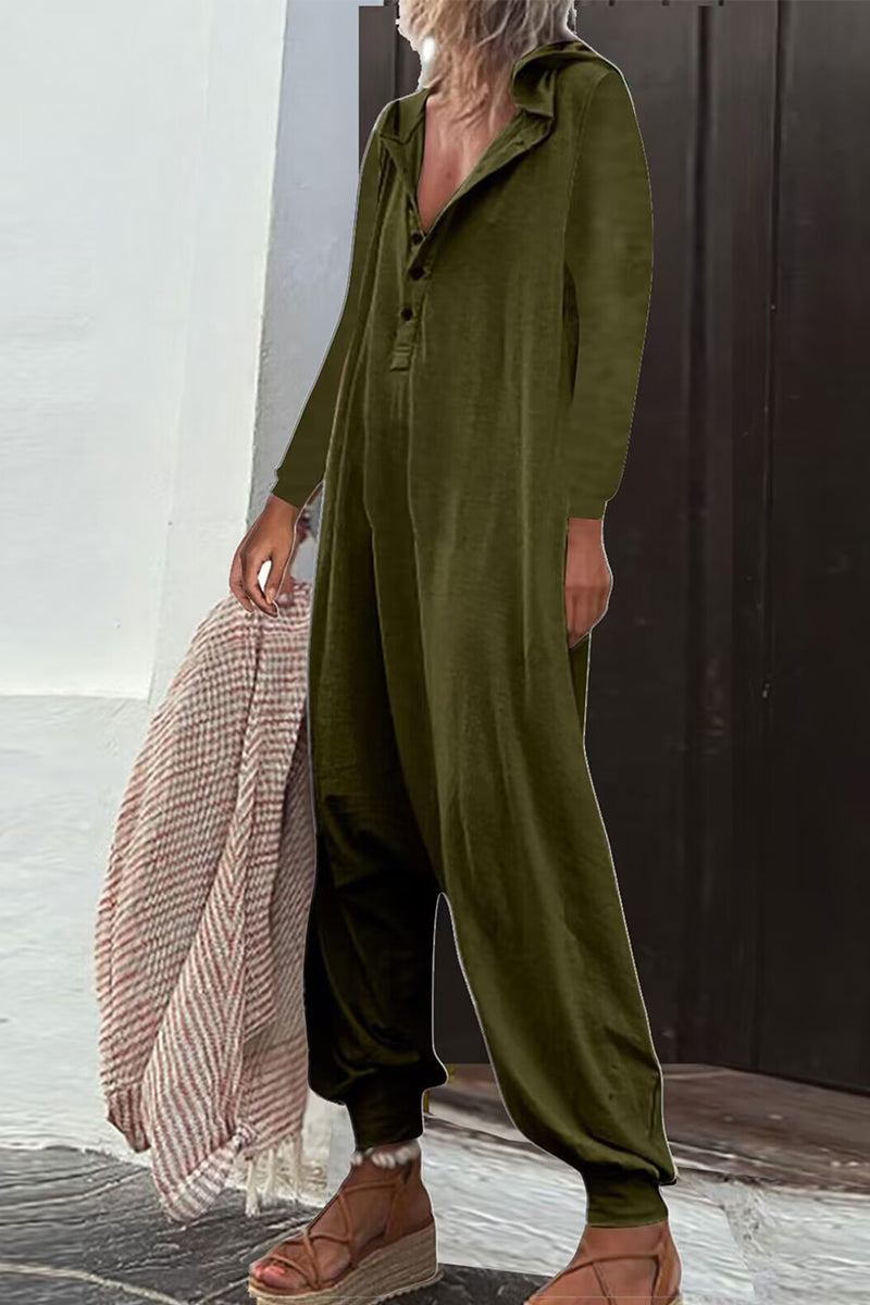 CM | Casual Solid Buttons Hooded Collar Loose Jumpsuits (8 Colores)