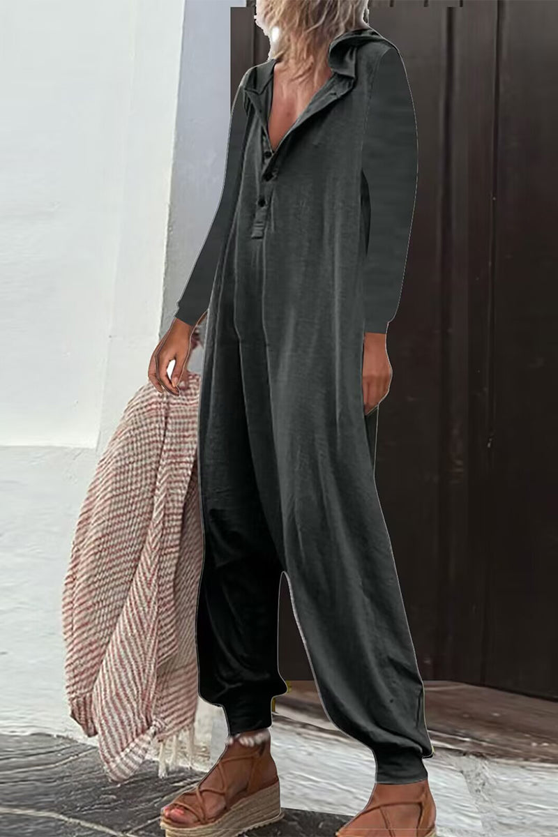 CM | Casual Solid Buttons Hooded Collar Loose Jumpsuits (8 Colores)