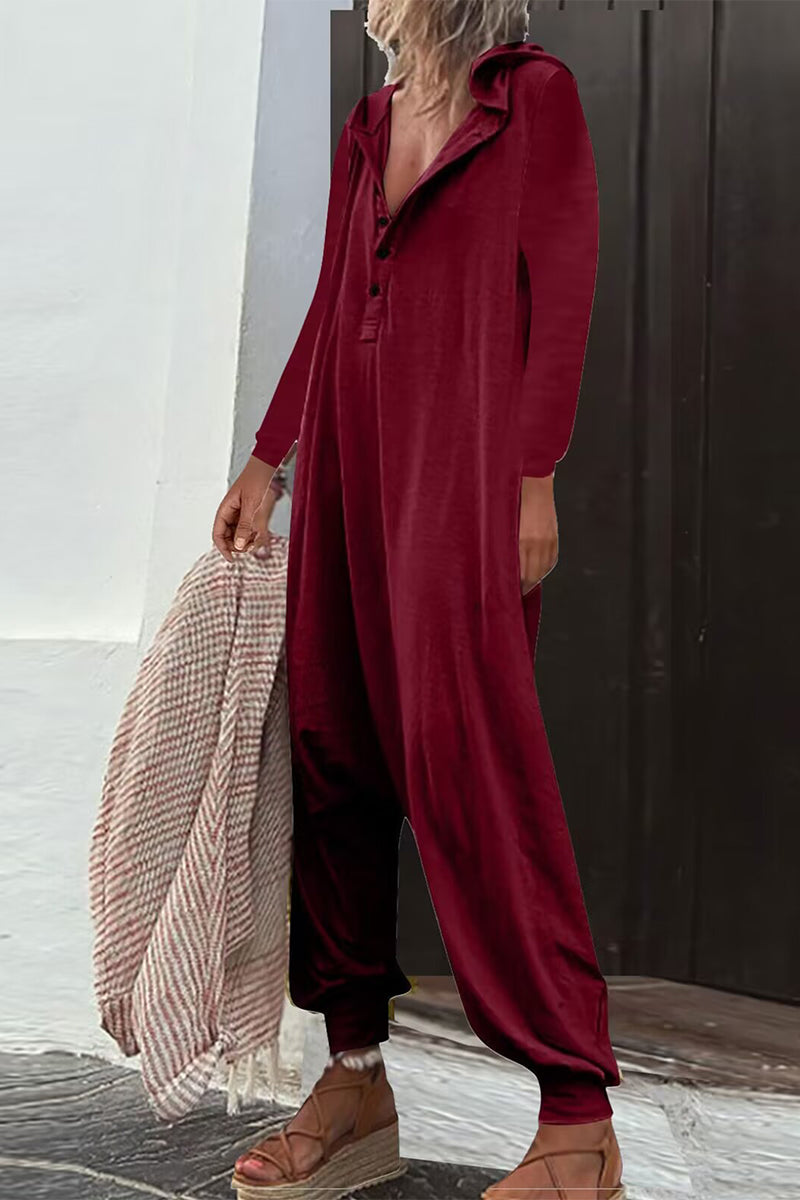 CM | Casual Solid Buttons Hooded Collar Loose Jumpsuits (8 Colores)