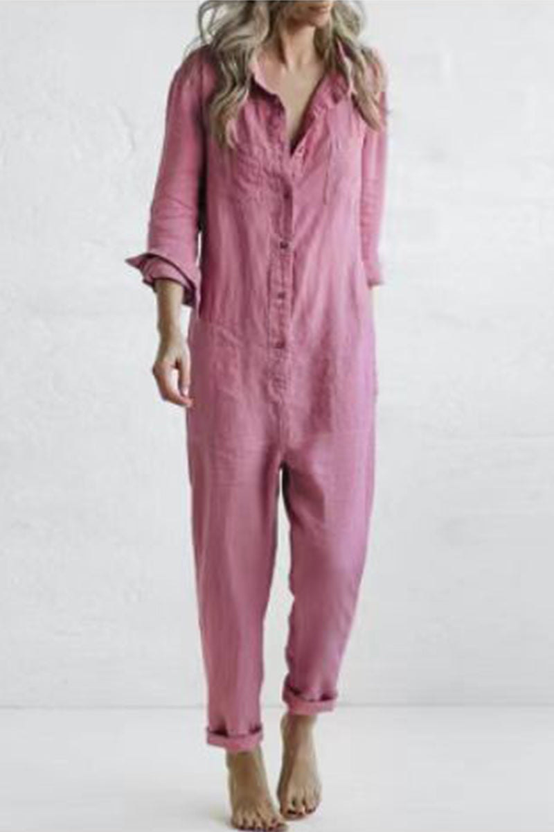 CM | Casual Solid Buckle Turn Down Collar Loose Jumpsuits(3 Colours)