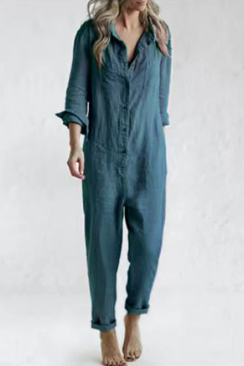 CM | Casual Solid Buckle Turn Down Collar Loose Jumpsuits(3 Colours)