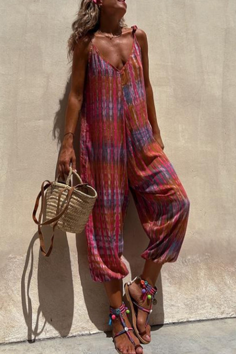 CM | Casual College Print Pocket V-Neck Loose Jumpsuits