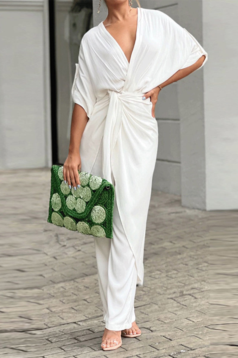 CM | Casual Sólido Frenillo Cuello en V Regular Jumpsuits(3 colores)
