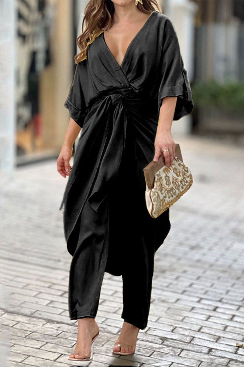 CM | Casual Sólido Frenillo Cuello en V Regular Jumpsuits(3 colores)