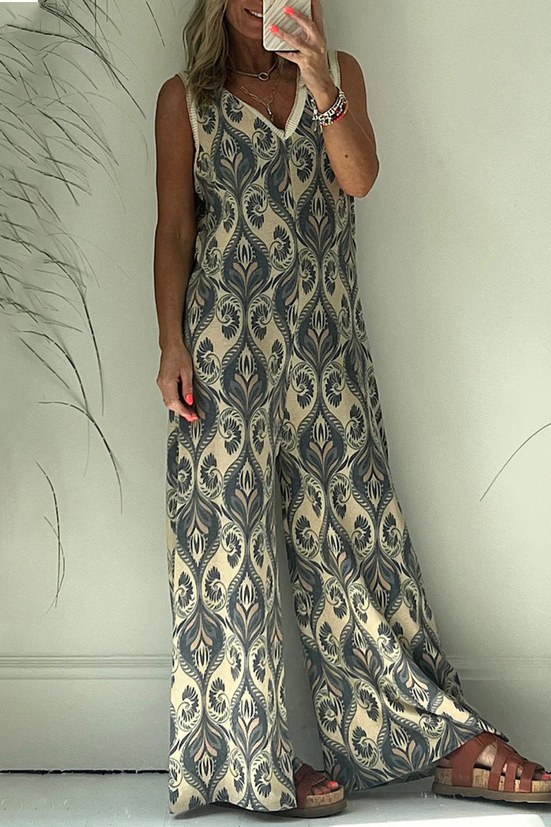 CM | Casual College Geometric Print V-Neck Loose Jumpsuits