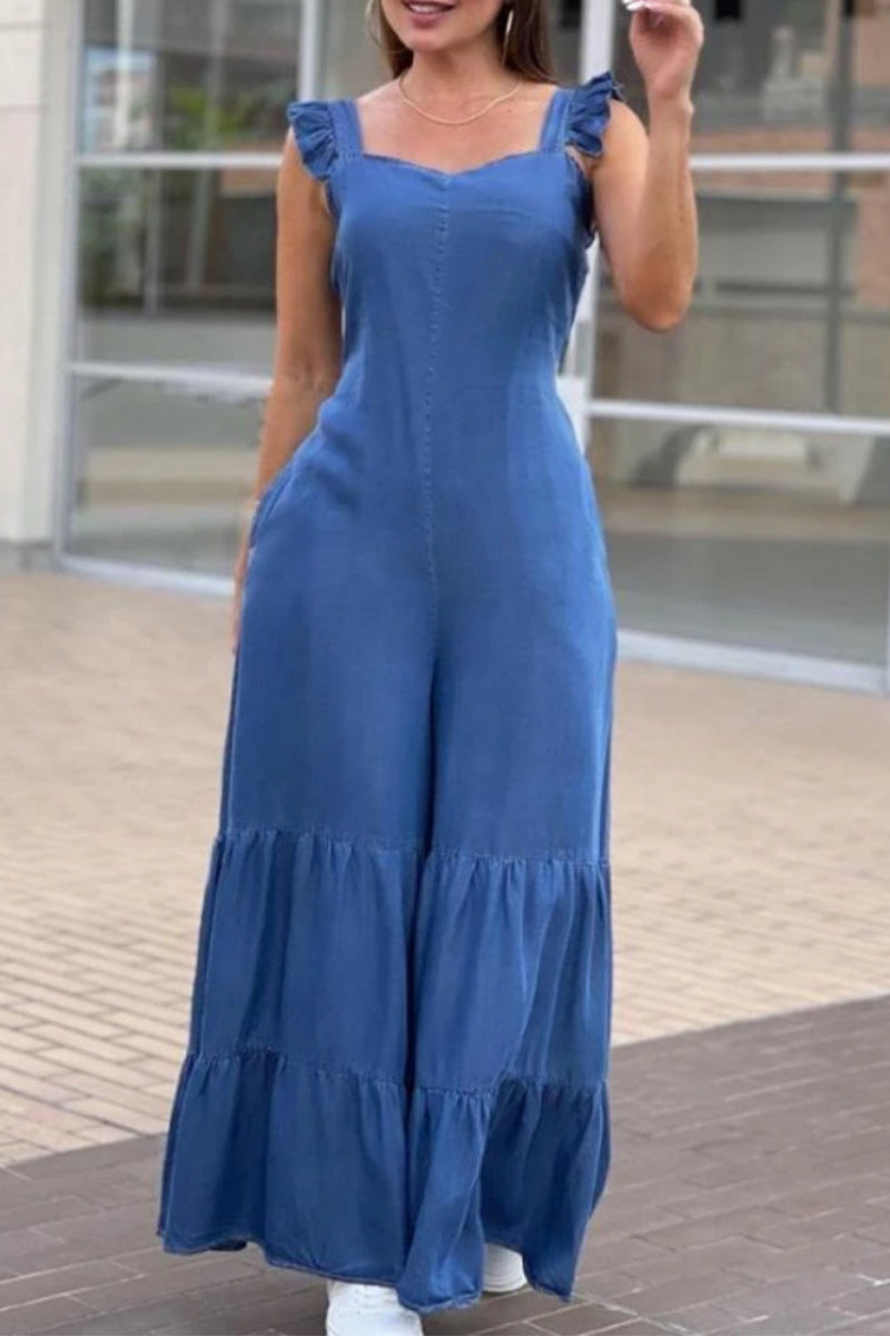 CM | Casual Solid Flounce Square Collar Loose Jumpsuits