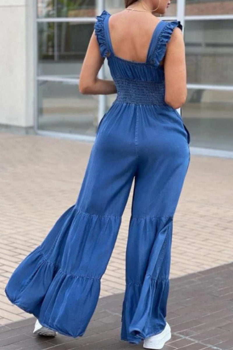 CM | Casual Solid Flounce Square Collar Loose Jumpsuits
