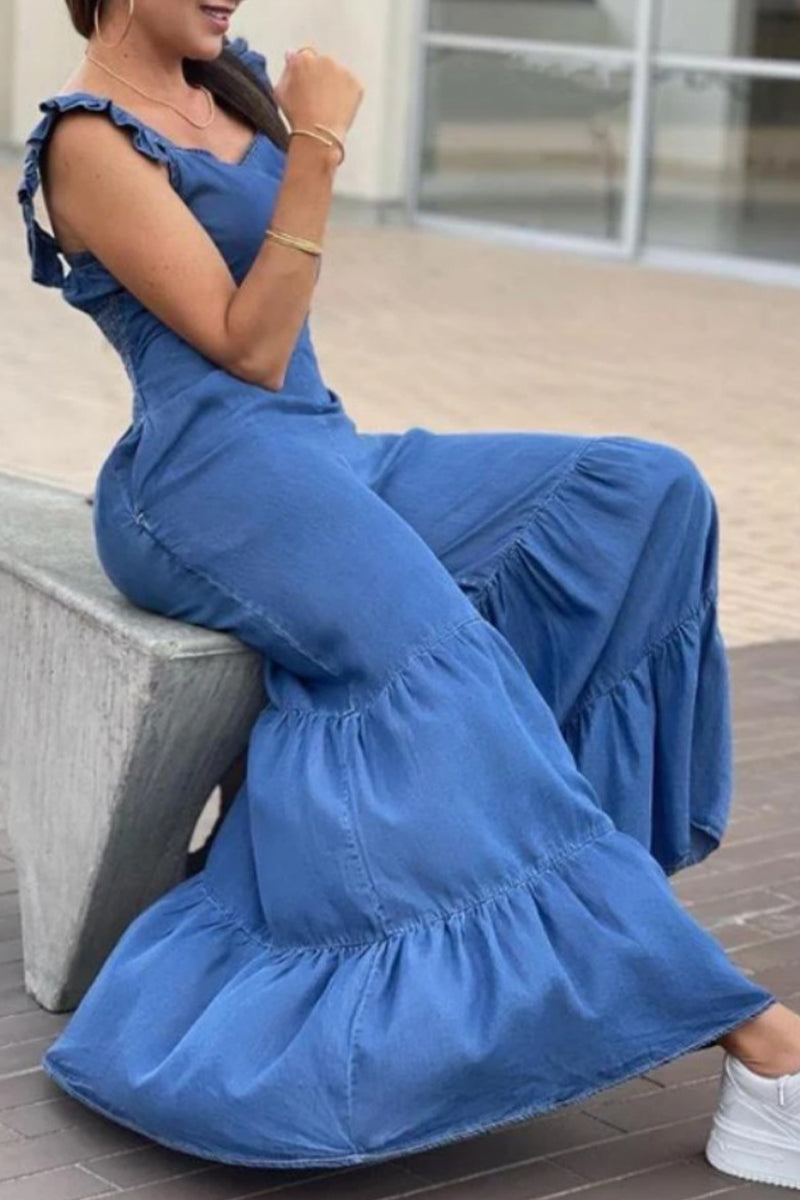 CM | Casual Solid Flounce Square Collar Loose Jumpsuits