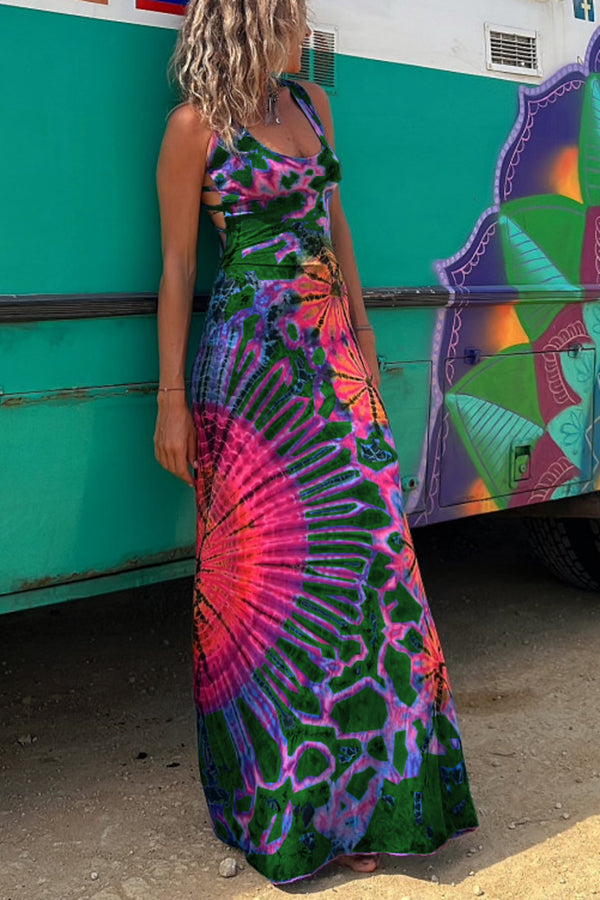 CM | La Bamba maxi vestido elástico con lazada en la espalda y estampado tie-dye