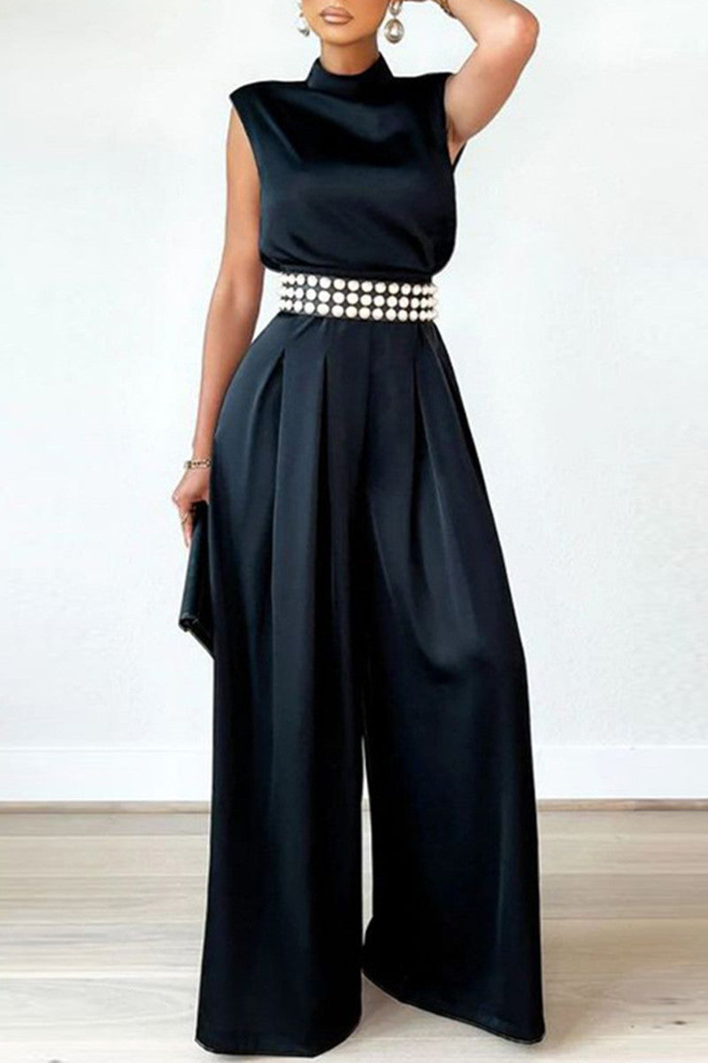 CM | Casual Solid Patchwork Half A Turtleneck Regular Jumpsuits (sin cinturón)(3 colores)