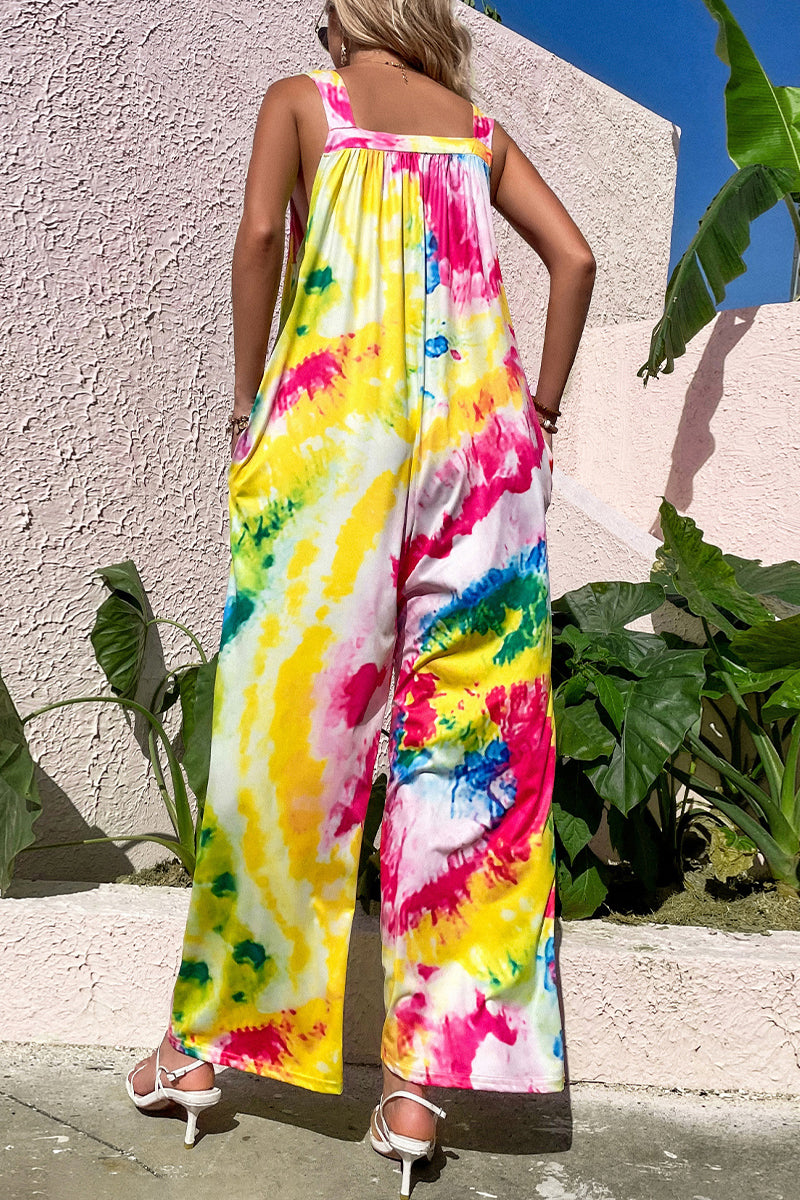 CM | Casual Print Bolsillo Cuello Cuadrado Monos Sueltos
