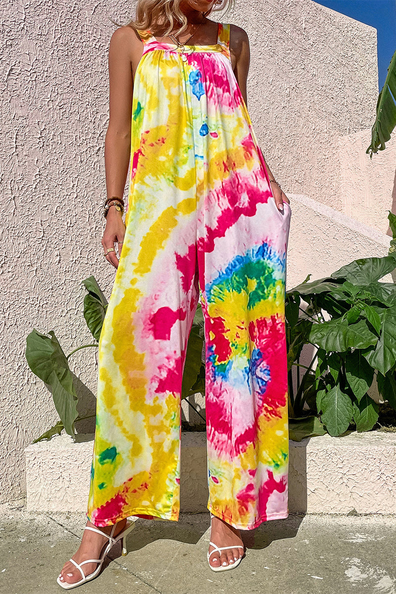 CM | Casual Print Bolsillo Cuello Cuadrado Monos Sueltos