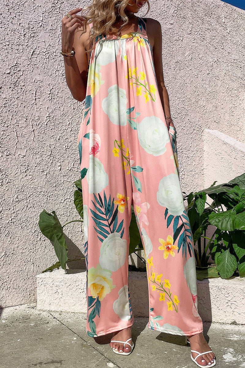 CM | Casual Print Bolsillo Cuello Cuadrado Monos Sueltos