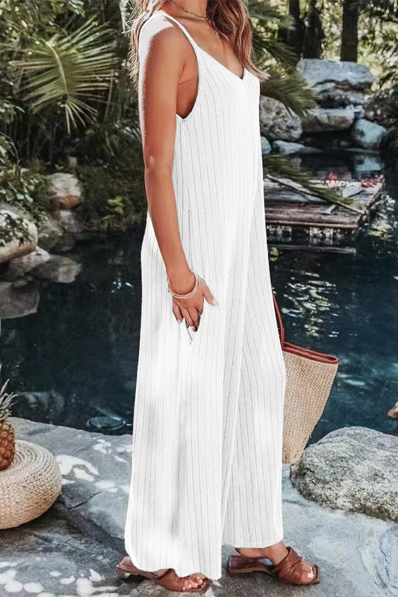 CM | Casual Simplicity Solid Backless V Neck Loose Jumpsuits (6 Colores)