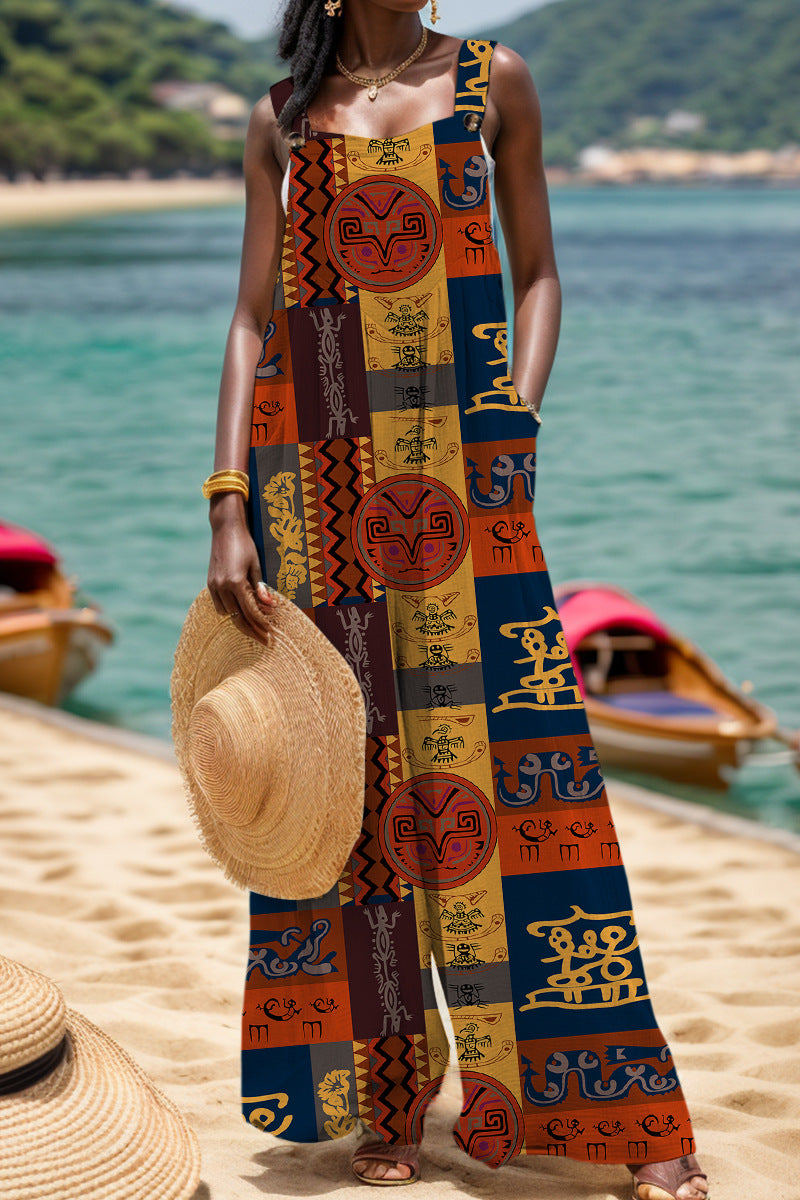 CM | Casual Print Backless Square Collar Regular Jumpsuits