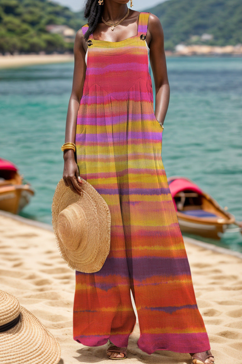 CM | Casual Print Backless Square Collar Regular Jumpsuits