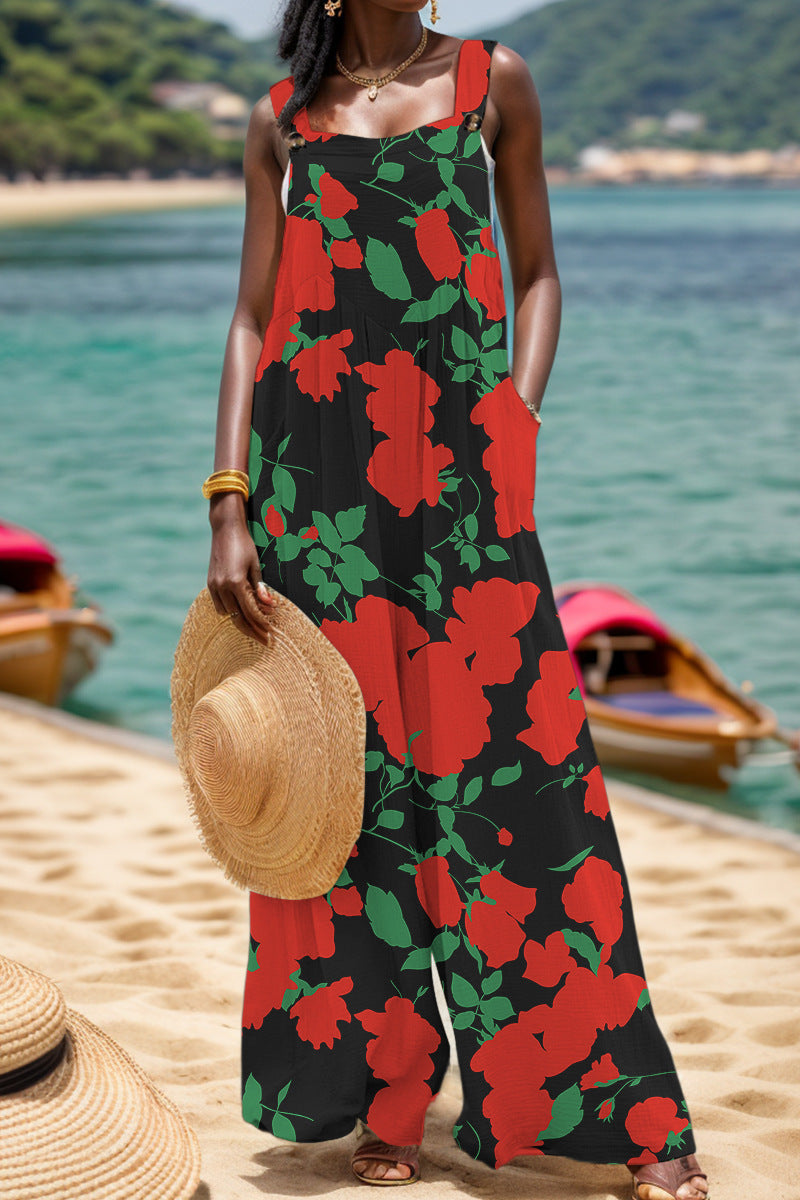 CM | Casual Print Backless Square Collar Regular Jumpsuits